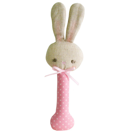 Baby Bunny Stick Rattle- Pink with White Spot