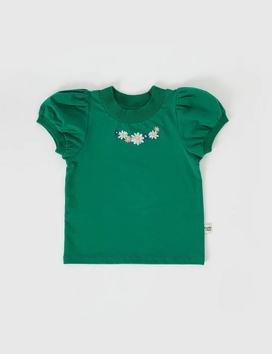 Eden Embroidered Puff Sleeve T-Shirt | Bottle Green