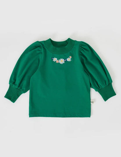 Eden Embroidered Puff Long Sleeve Top | Bottle Green