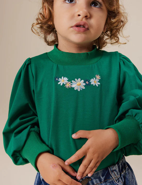 Eden Embroidered Puff Long Sleeve Top | Bottle Green