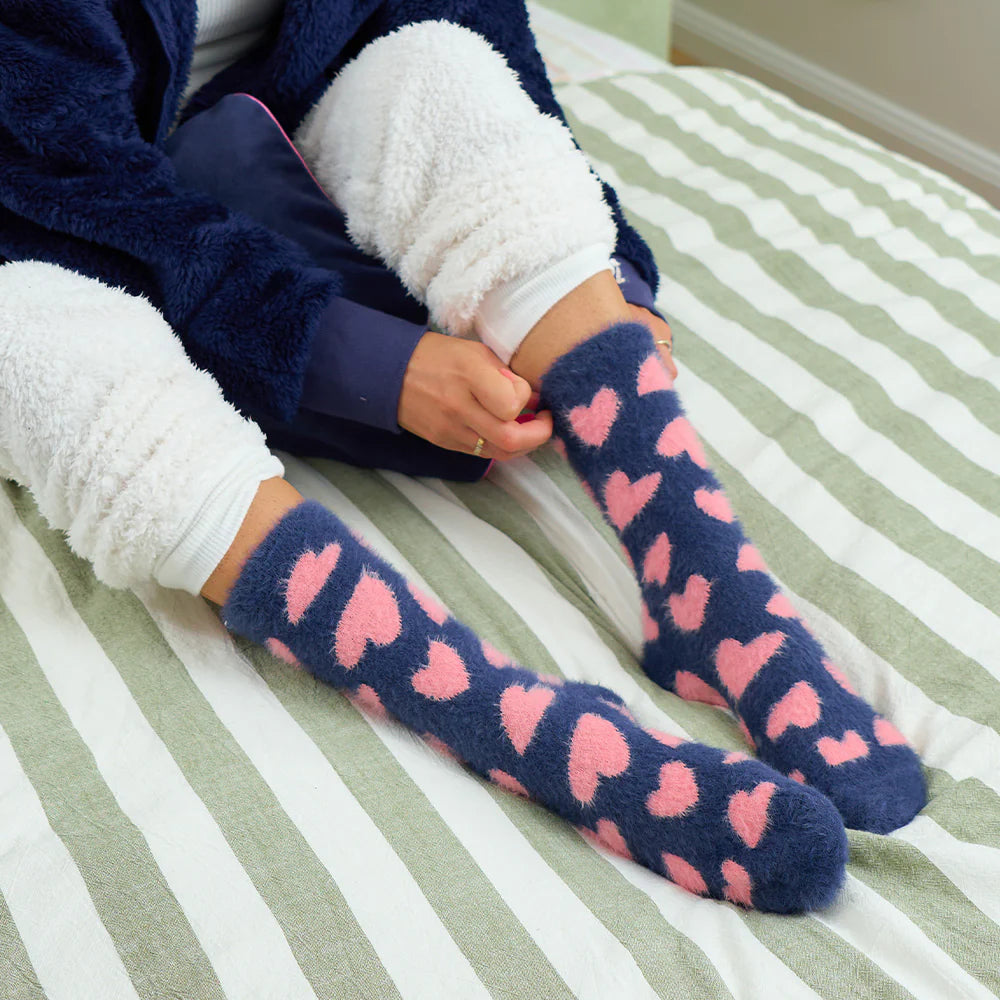 Fuzzy Bed Socks | Navy Heart