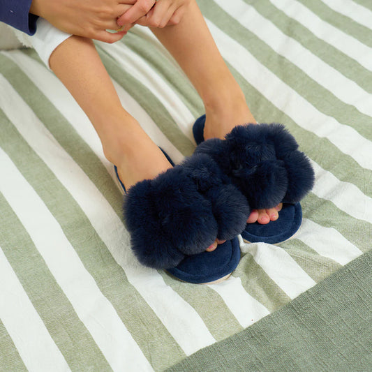 Pom Pom Slippers - Cosy Luxe - Navy